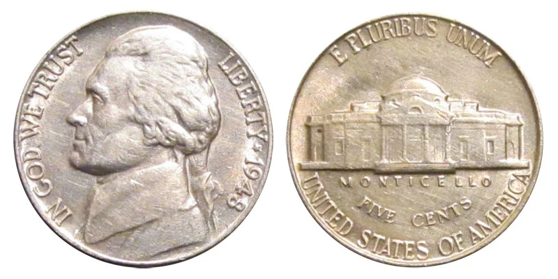 1948 Jefferson nickel obverse showing Thomas Jefferson portrait and reverse showing Monticello with staircase steps