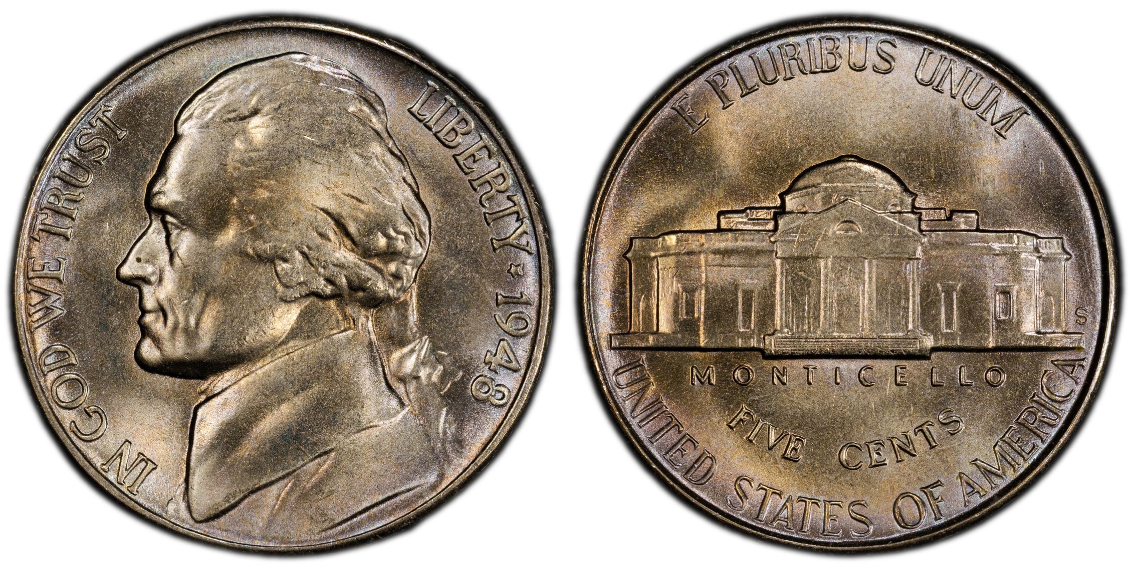 Side-by-side comparison of 1948 nickel reverse showing standard weak steps (left) versus Full Steps designation with five complete unbroken lines on Monticello (right)