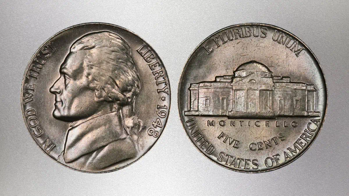 Close-up of 1948 nickel obverse Doubled Die showing Jefferson's eye with visible doubling and doubled lettering in LIBERTY inscription