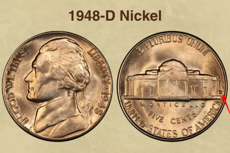 Extreme close-up of the D mint mark area on a 1948-D nickel reverse showing Repunched Mint Mark with a second D impression visible beside the primary mint mark