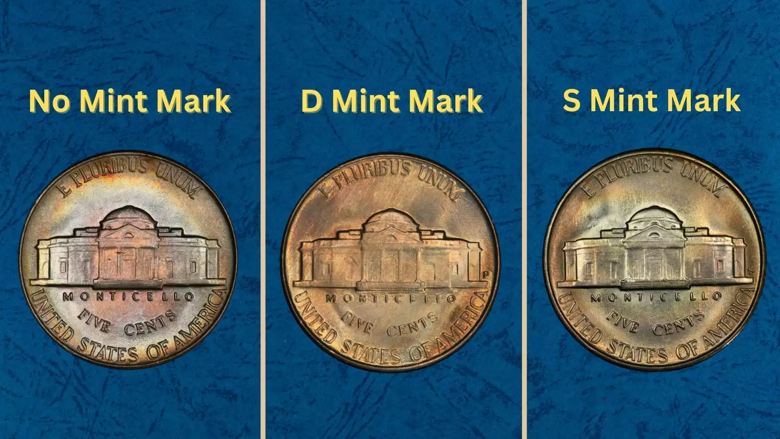 Group photograph of 1948 Jefferson nickels from all three mints — Philadelphia (no mint mark), Denver (D), and San Francisco (S) — showing reverse mint mark locations