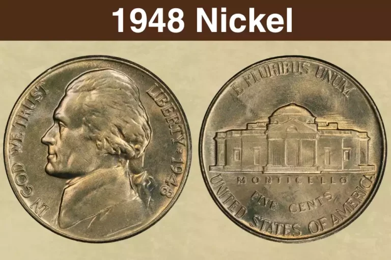 Grading strip showing four 1948 Jefferson nickels in four condition tiers from left to right: heavily worn Good grade, moderate wear Fine grade, lightly worn About Uncirculated, and full-luster Mint State